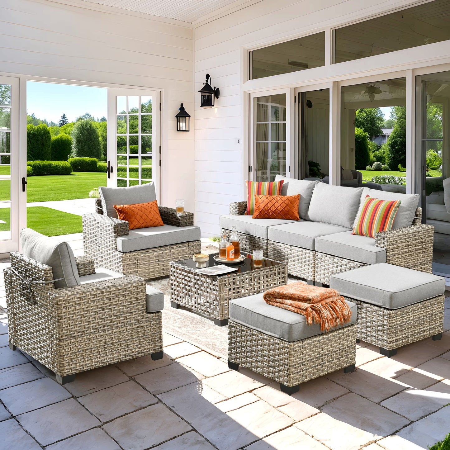 Vcatnet 8 Pieces Outdoor Patio Furniture Sectional Sofa PE Rattan Wicker Conversation Set with Solar Powered Coffee Table for Porch, Backyard
