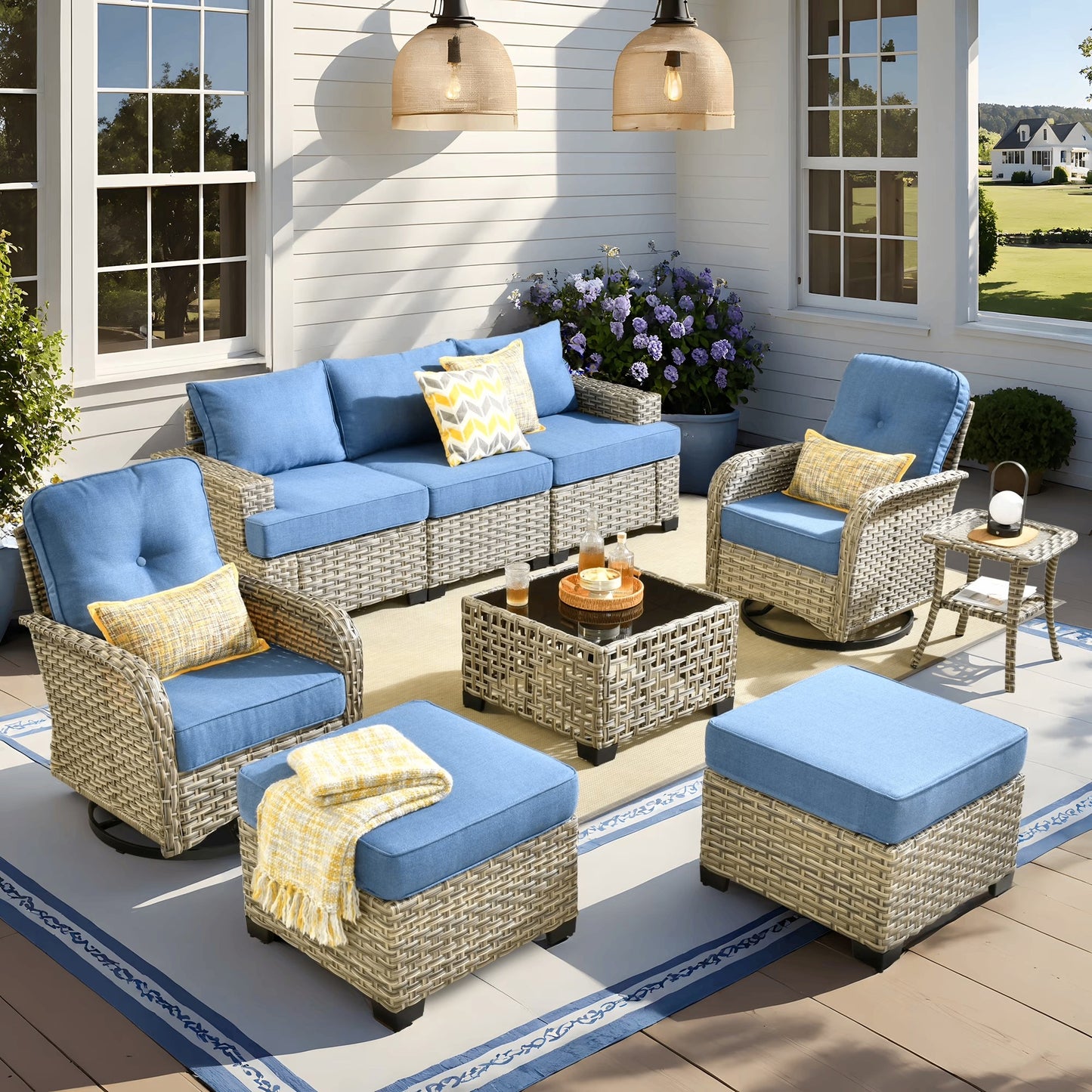 Vcatnet 8 Pieces Outdoor Patio Furniture Sectional Sofa PE Rattan Wicker Conversation Set with Solar Powered Coffee Table for Porch, Backyard