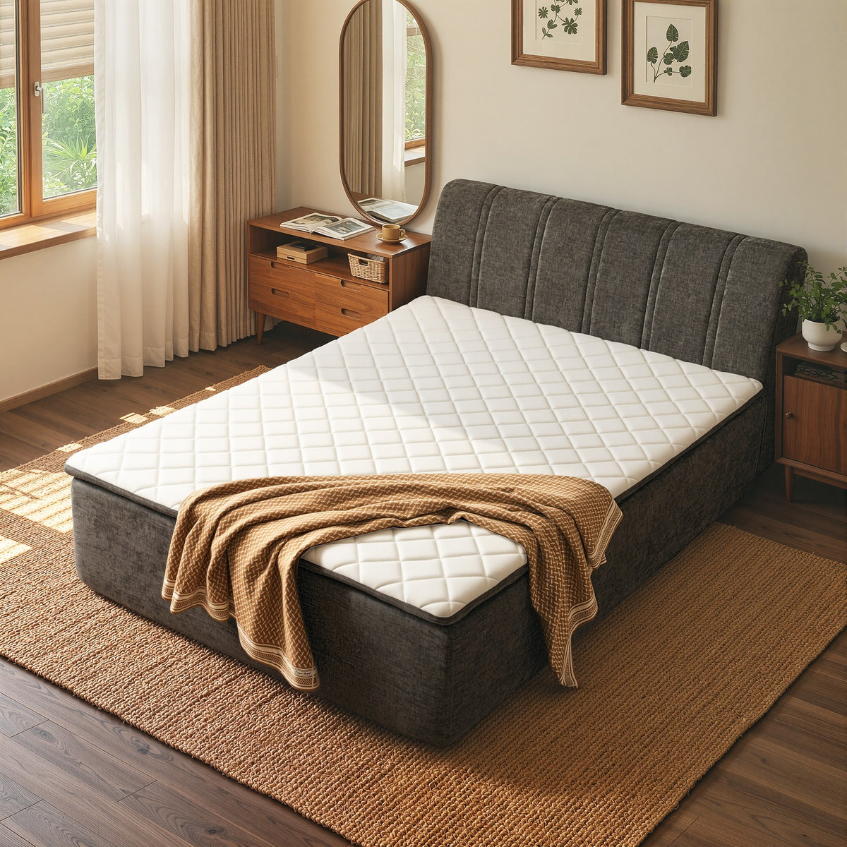 Vcatnet 16.7" Boneless Twin Size Bed with Mattress and Frame, 2-in-1 Chenille Platform Cloud Bed, No Assembly Bed and Mattress for Bedroom and Apartment