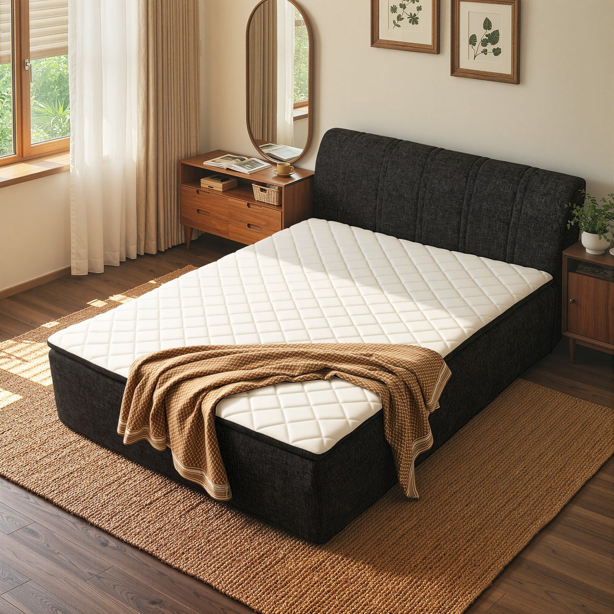 Vcatnet 16.7" Boneless Twin Size Bed with Mattress and Frame, 2-in-1 Chenille Platform Cloud Bed, No Assembly Bed and Mattress for Bedroom and Apartment